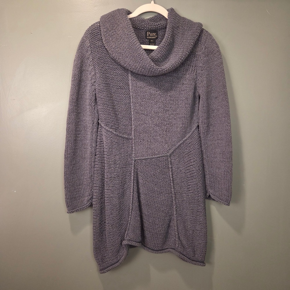 Pure Handknit Women's Chunky Knit Cowl Neck Sweater Size M/L Gray Boho Lagenlook